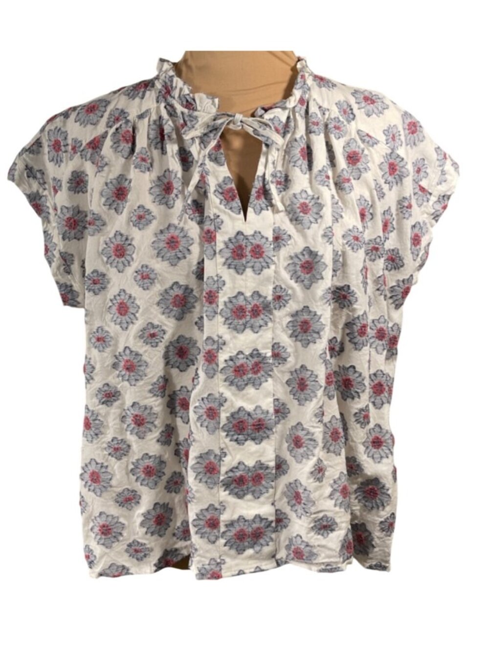 Loft Top Blouse Floral Blue Pink Size L Large Boxy Fit Cap Sleeve